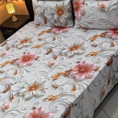 Luxury Floral Printed Bedsheet Set – Elegant 3D Rose & Daisy Design