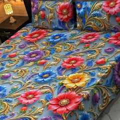 Luxury Floral Printed Bedsheet Set – Elegant 3D Rose & Daisy Design