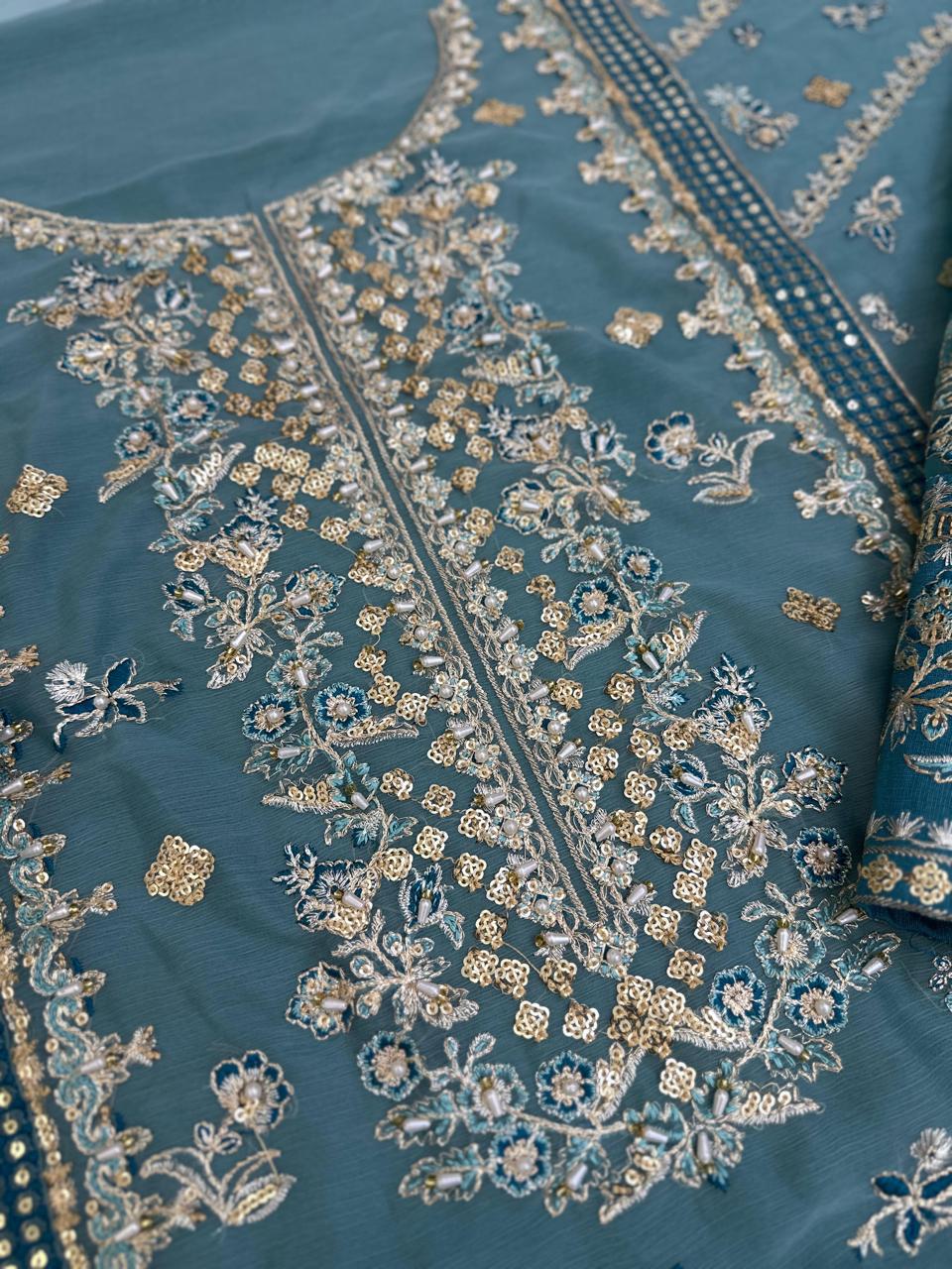 Charizma Adda Work Embroidered Chiffon 3-Piece Suit with Net Dupatta