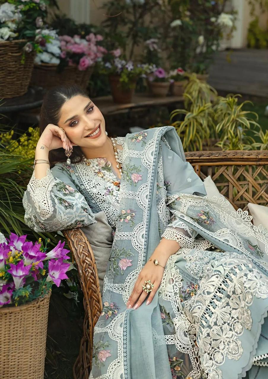 Elaf Heavy Chikan Kari Lawn 3-Piece Suit with Khaddi Net Dupatta