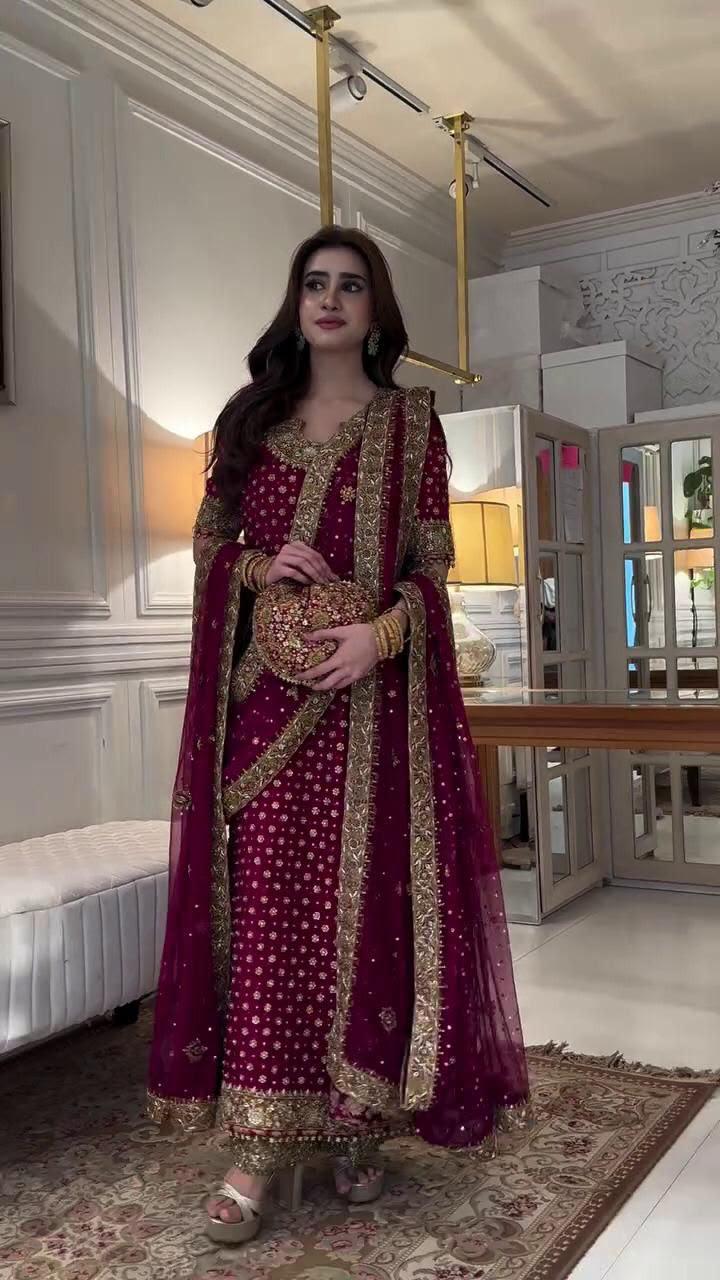 Haris Shakeel Aisha Magenta Adda Work Chiffon Wedding Suit (3-Piece)