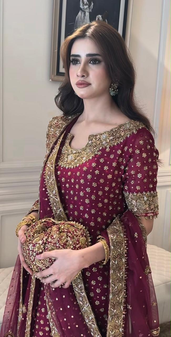 Haris Shakeel Aisha Magenta Adda Work Chiffon Wedding Suit (3-Piece)