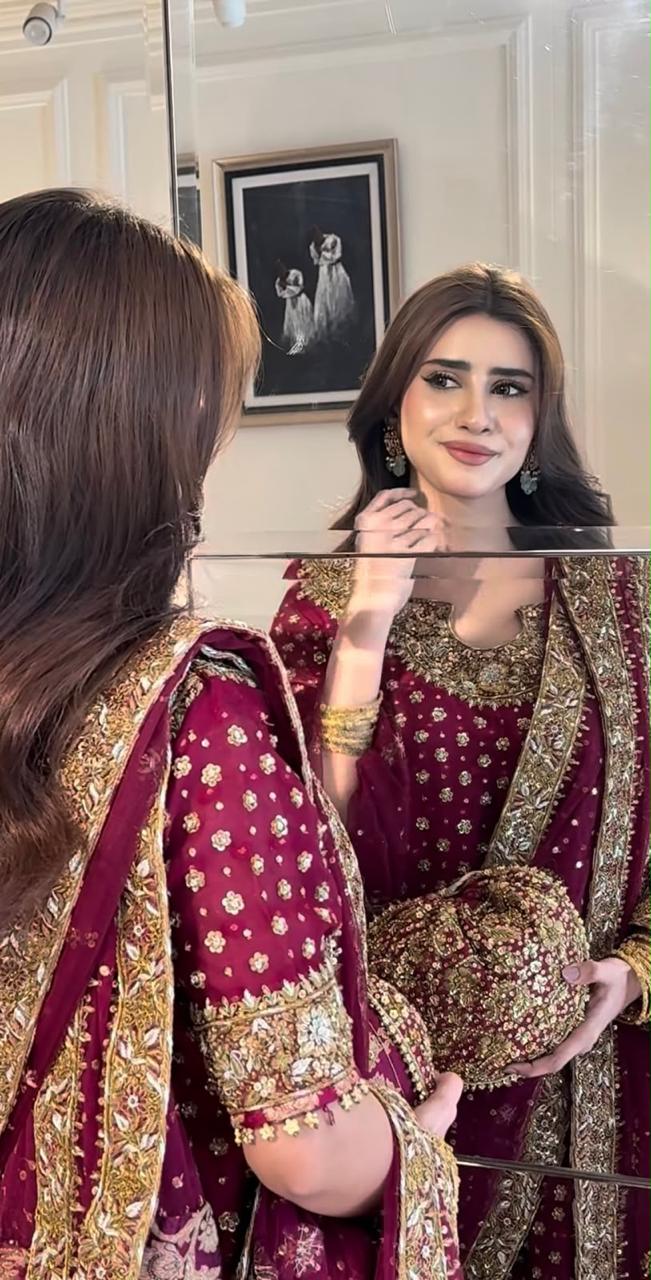 Haris Shakeel Aisha Magenta Adda Work Chiffon Wedding Suit (3-Piece)