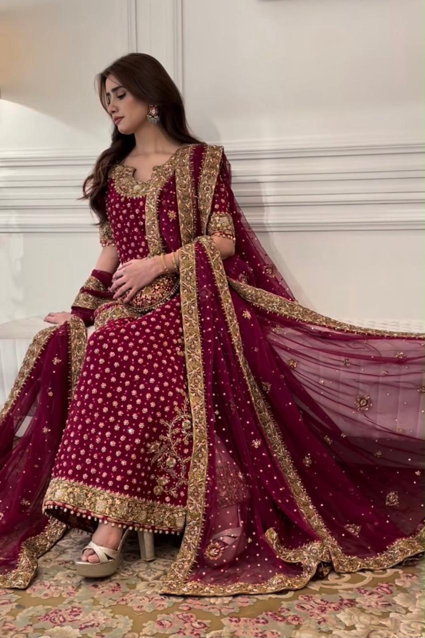 Haris Shakeel Aisha Magenta Adda Work Chiffon Wedding Suit (3-Piece)