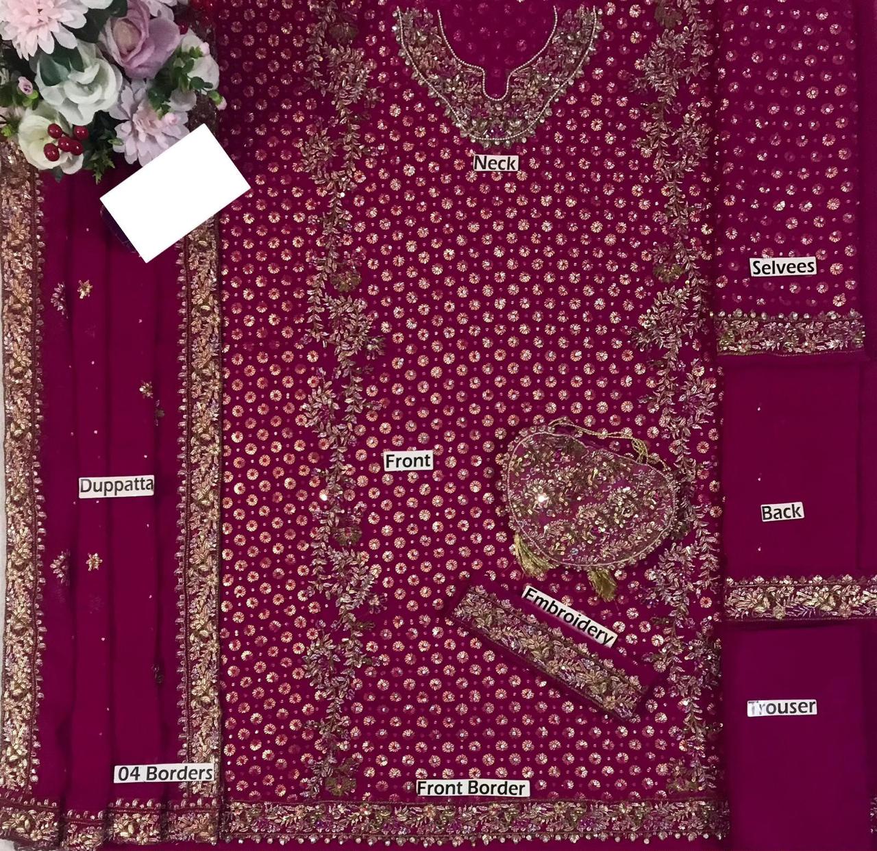 Haris Shakeel Aisha Magenta Adda Work Chiffon Wedding Suit (3-Piece)