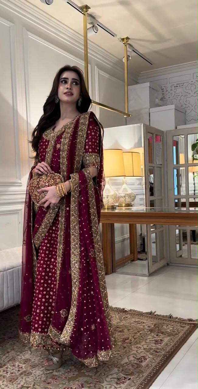 Haris Shakeel Aisha Magenta Adda Work Chiffon Wedding Suit (3-Piece)