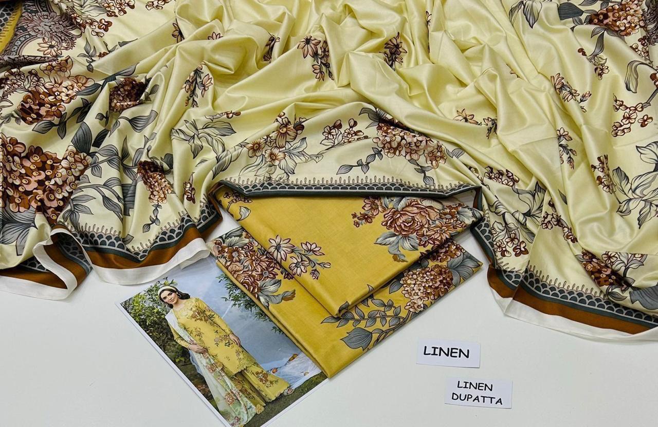 : Orient / IB Bonanza 3PC Linen Suit – Digital Printed Dupatta & All-Over Shirt (72/72 Linen)
