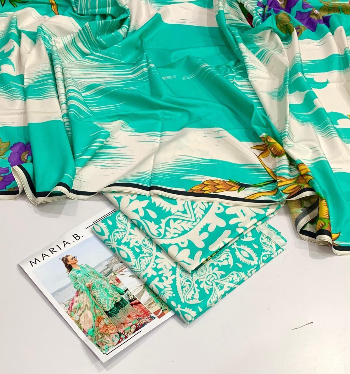 : Orient / IB Bonanza 3PC Linen Suit – Digital Printed Dupatta & All-Over Shirt (72/72 Linen)
