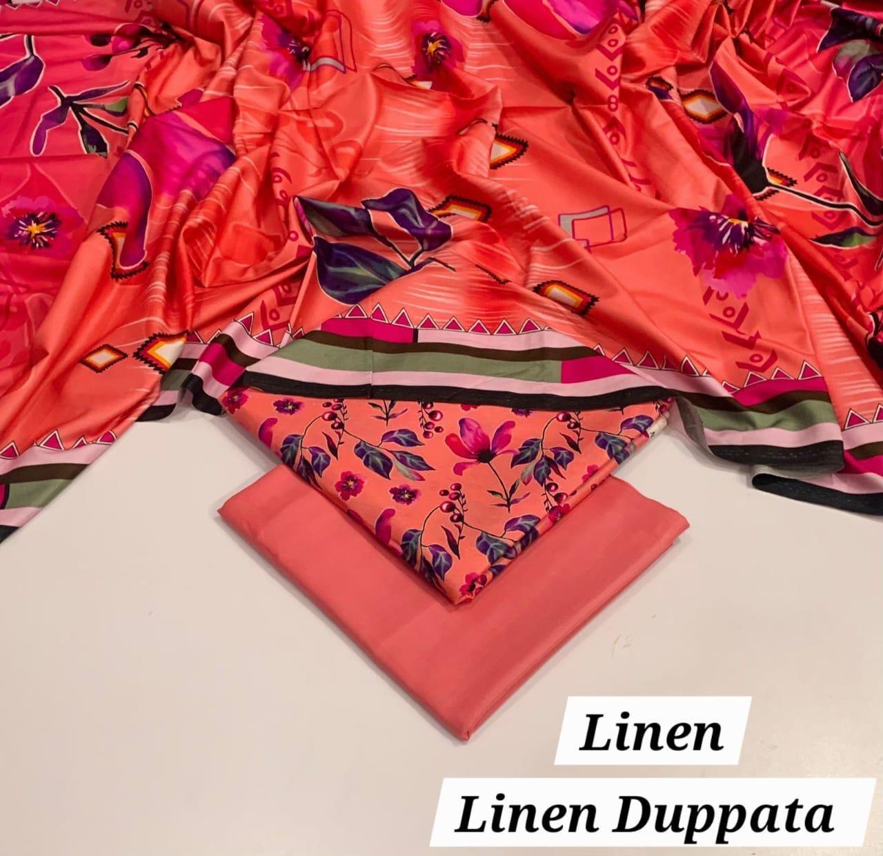 : Orient / IB Bonanza 3PC Linen Suit – Digital Printed Dupatta & All-Over Shirt (72/72 Linen)
