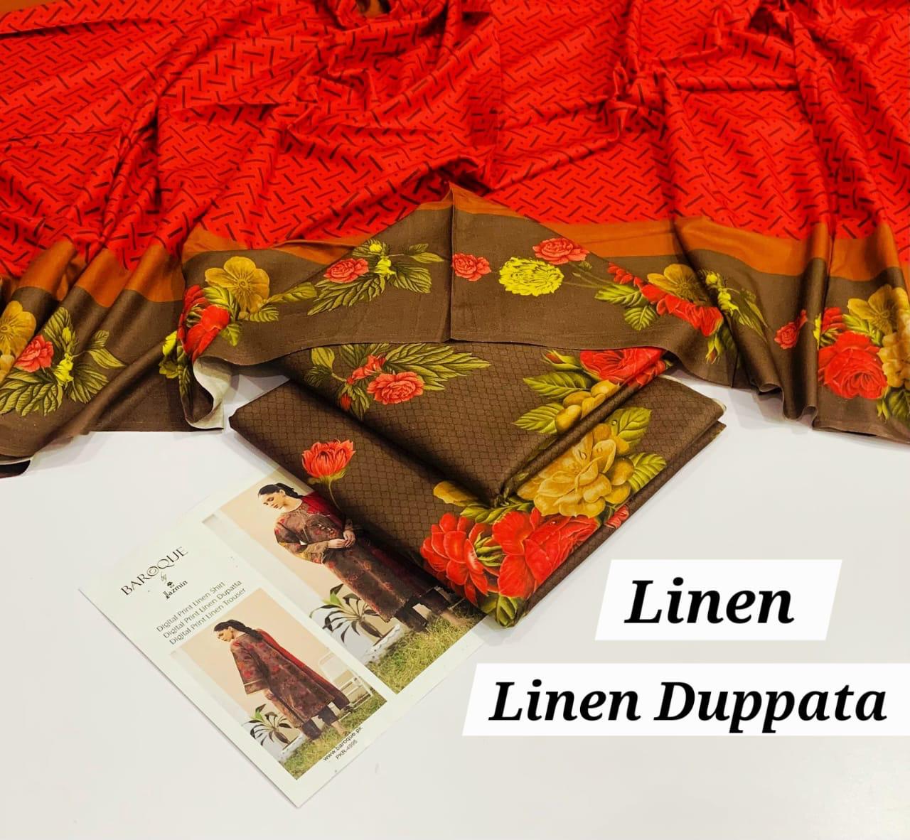 : Orient / IB Bonanza 3PC Linen Suit – Digital Printed Dupatta & All-Over Shirt (72/72 Linen)
