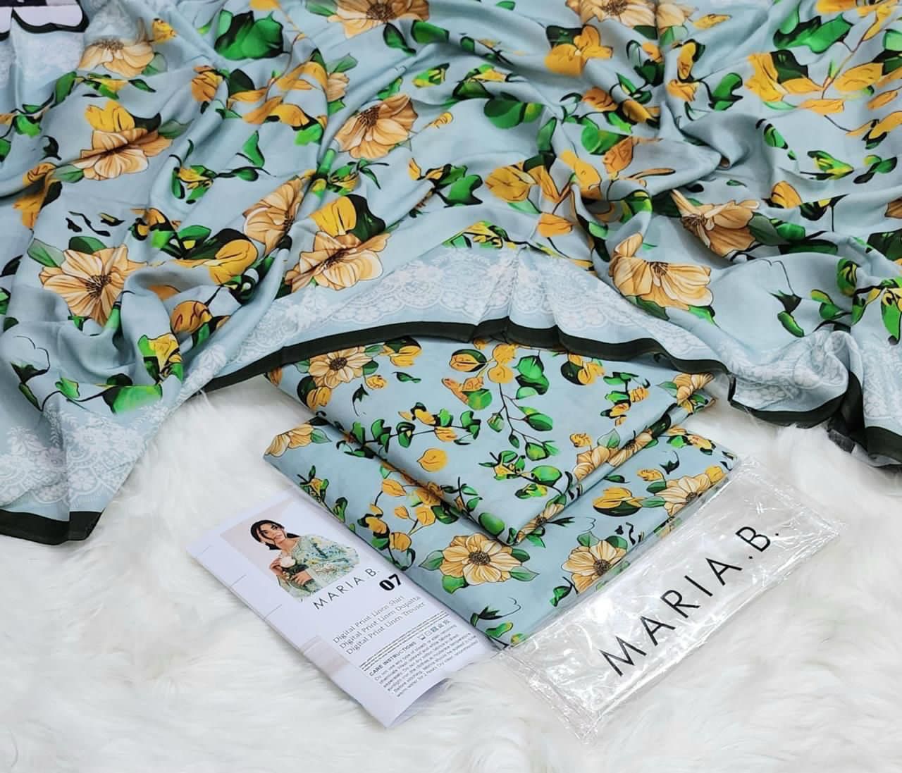 : Orient / IB Bonanza 3PC Linen Suit – Digital Printed Dupatta & All-Over Shirt (72/72 Linen)