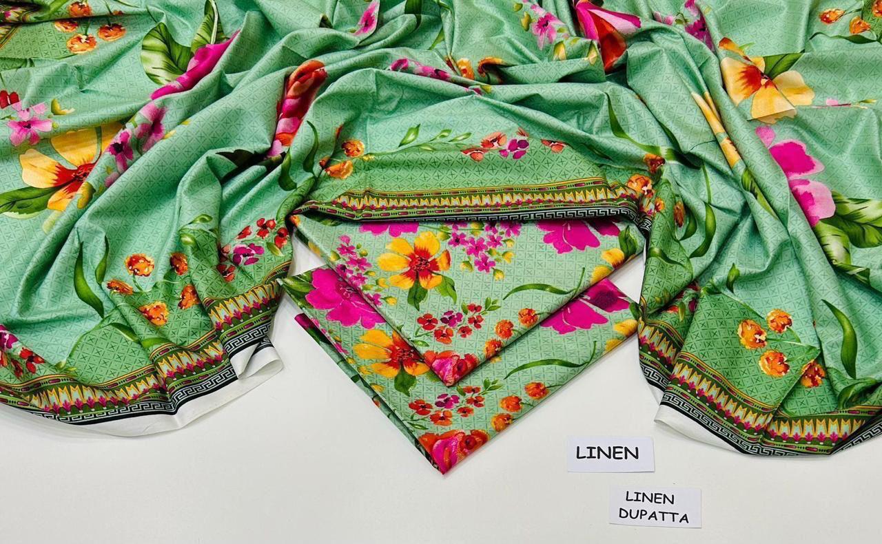: Orient / IB Bonanza 3PC Linen Suit – Digital Printed Dupatta & All-Over Shirt (72/72 Linen)