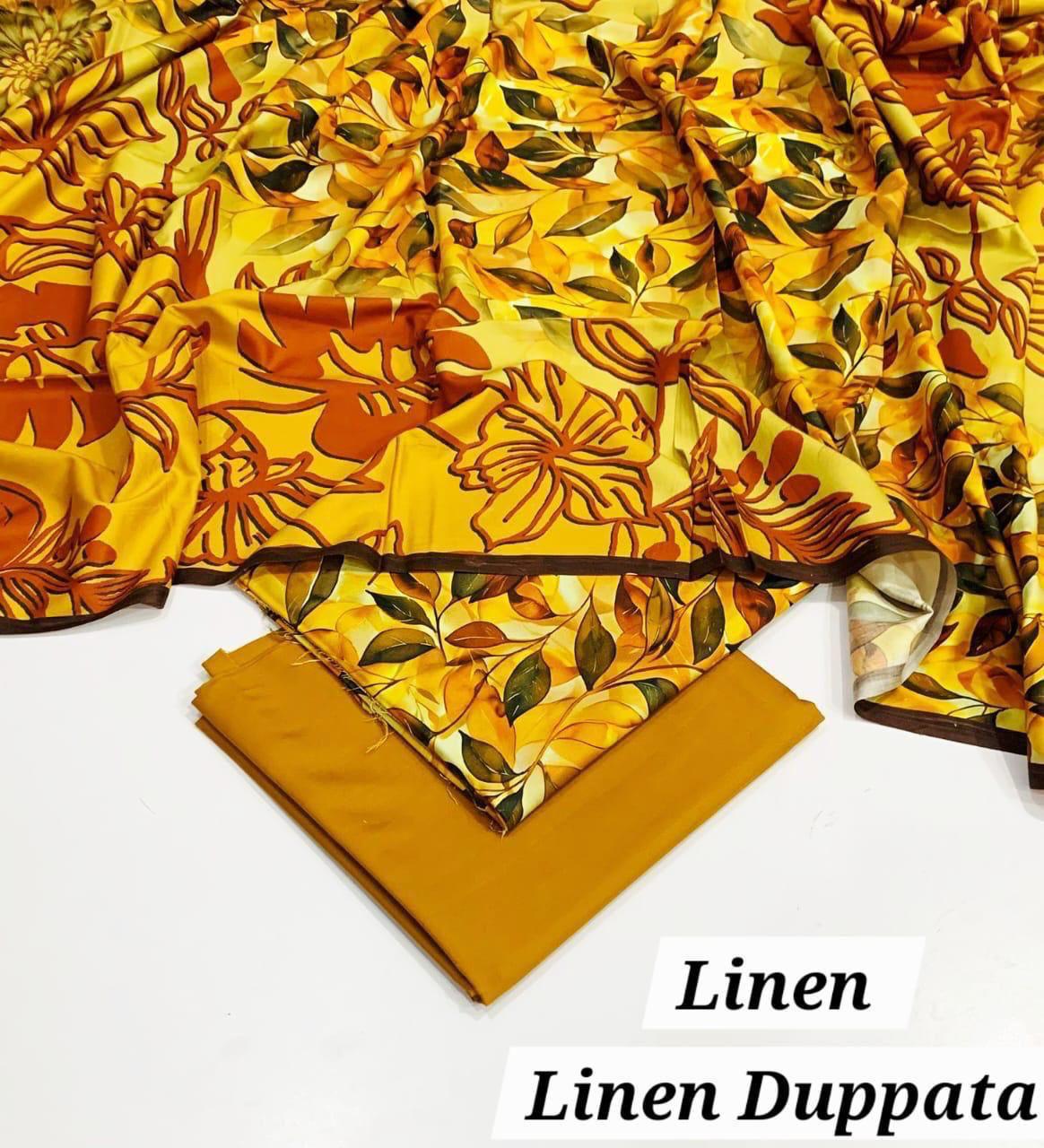 : Orient / IB Bonanza 3PC Linen Suit – Digital Printed Dupatta & All-Over Shirt (72/72 Linen)