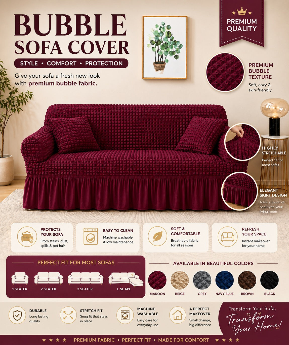 Premium Stretch Bubble Sofa Cover – Soft, Stylish & Protective