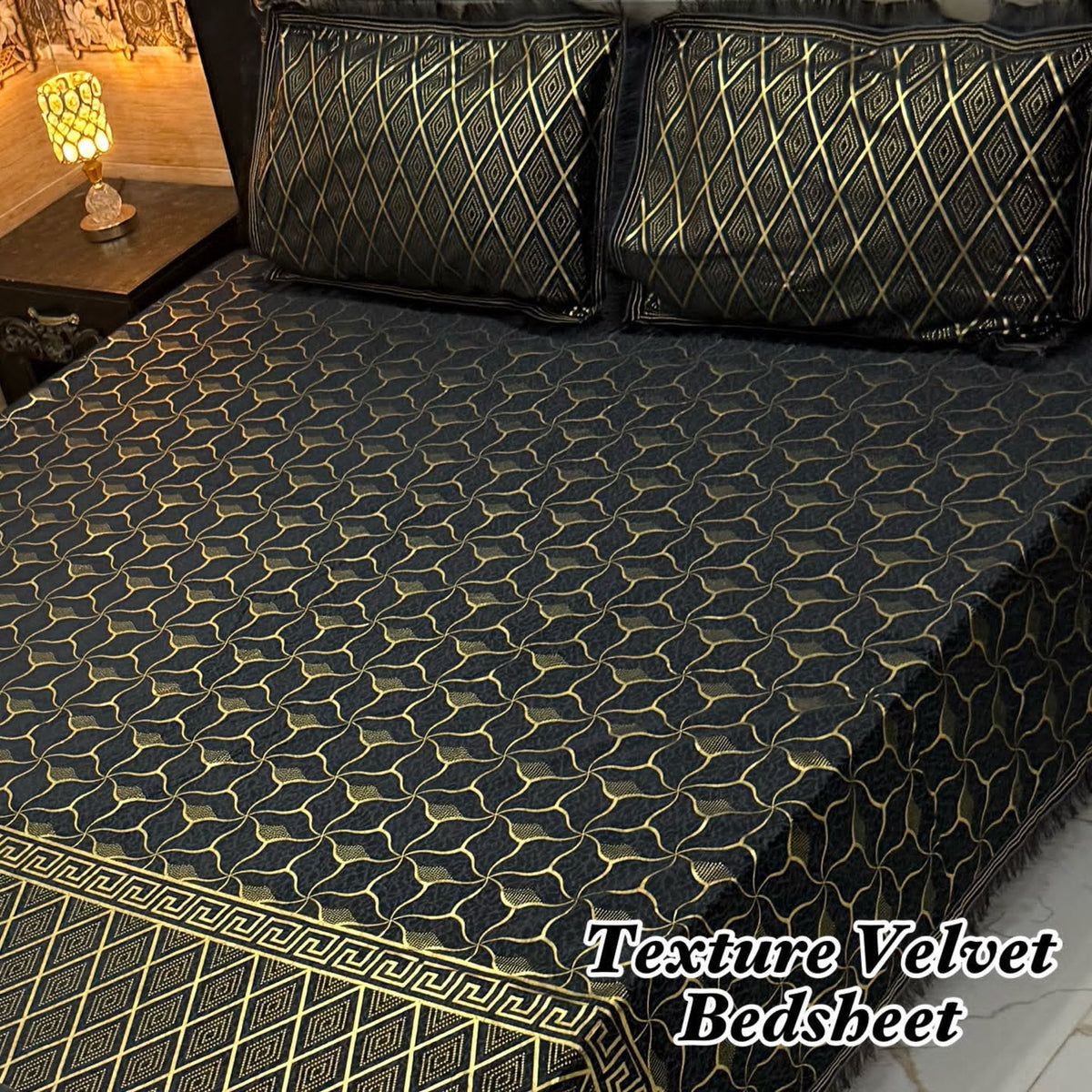 Luxury Texture Velvet Bedsheet Set – Elegant Black & Golden Premium Design