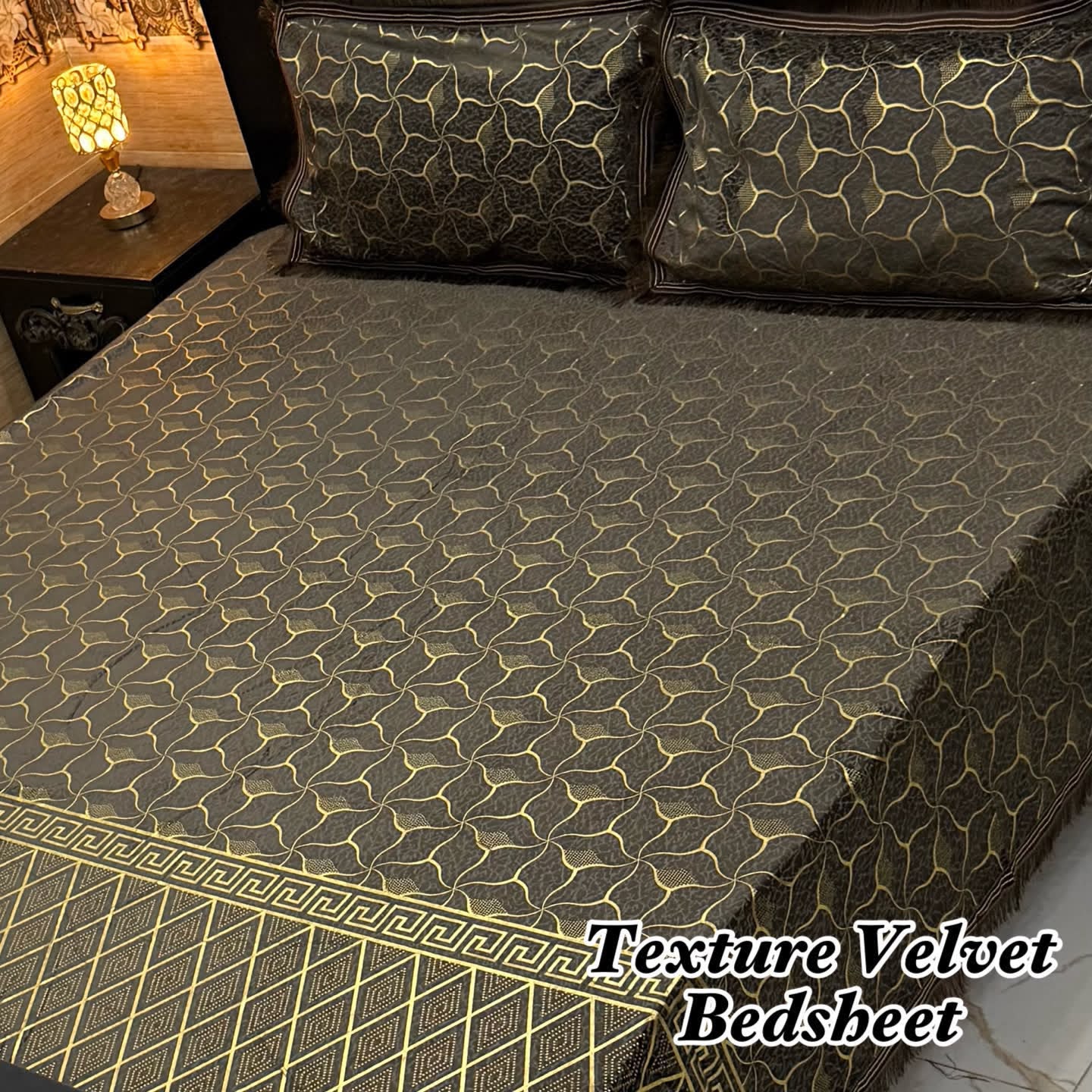 Luxury Texture Velvet Bedsheet Set – Elegant Black & Golden Premium Design