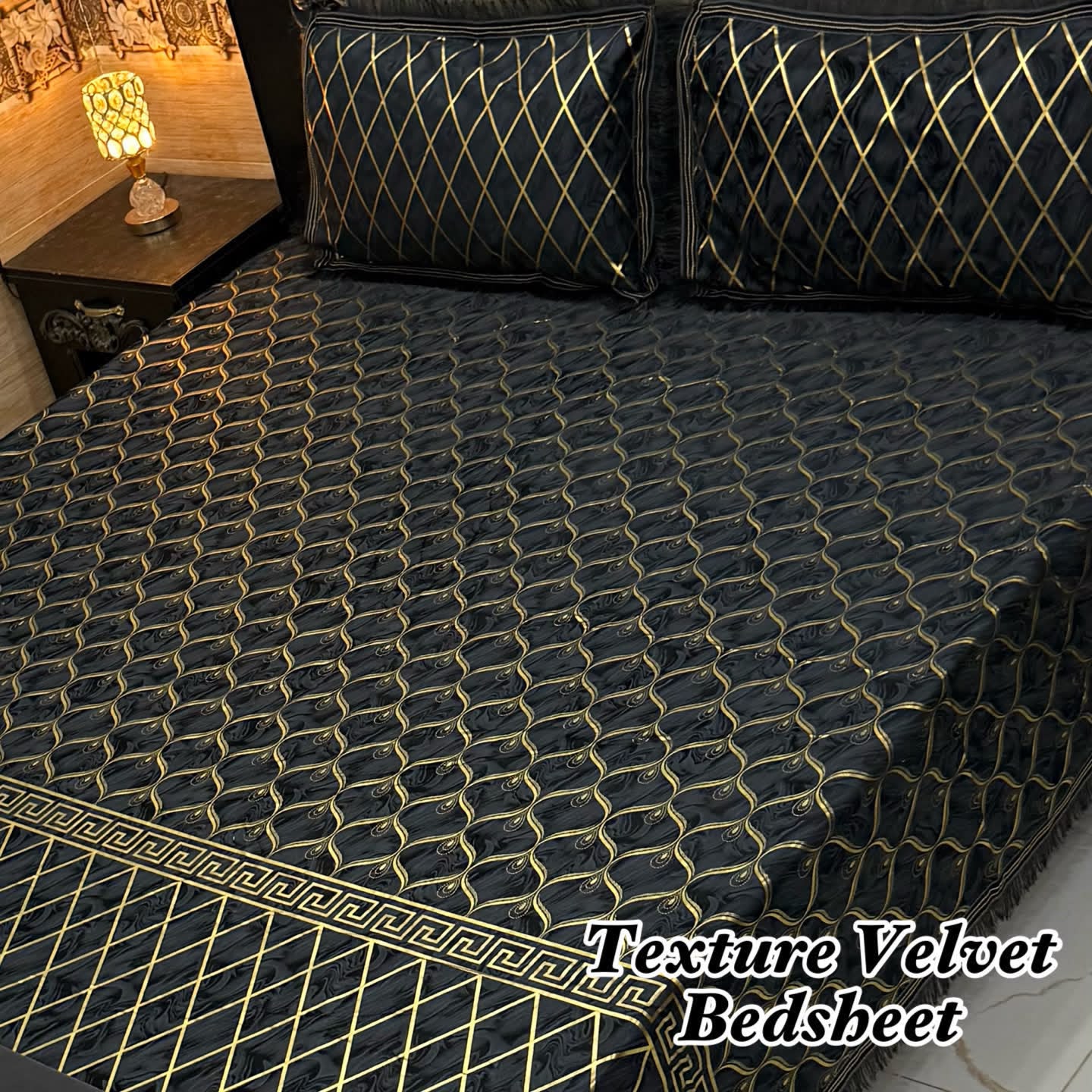 Luxury Texture Velvet Bedsheet Set – Elegant Black & Golden Premium Design