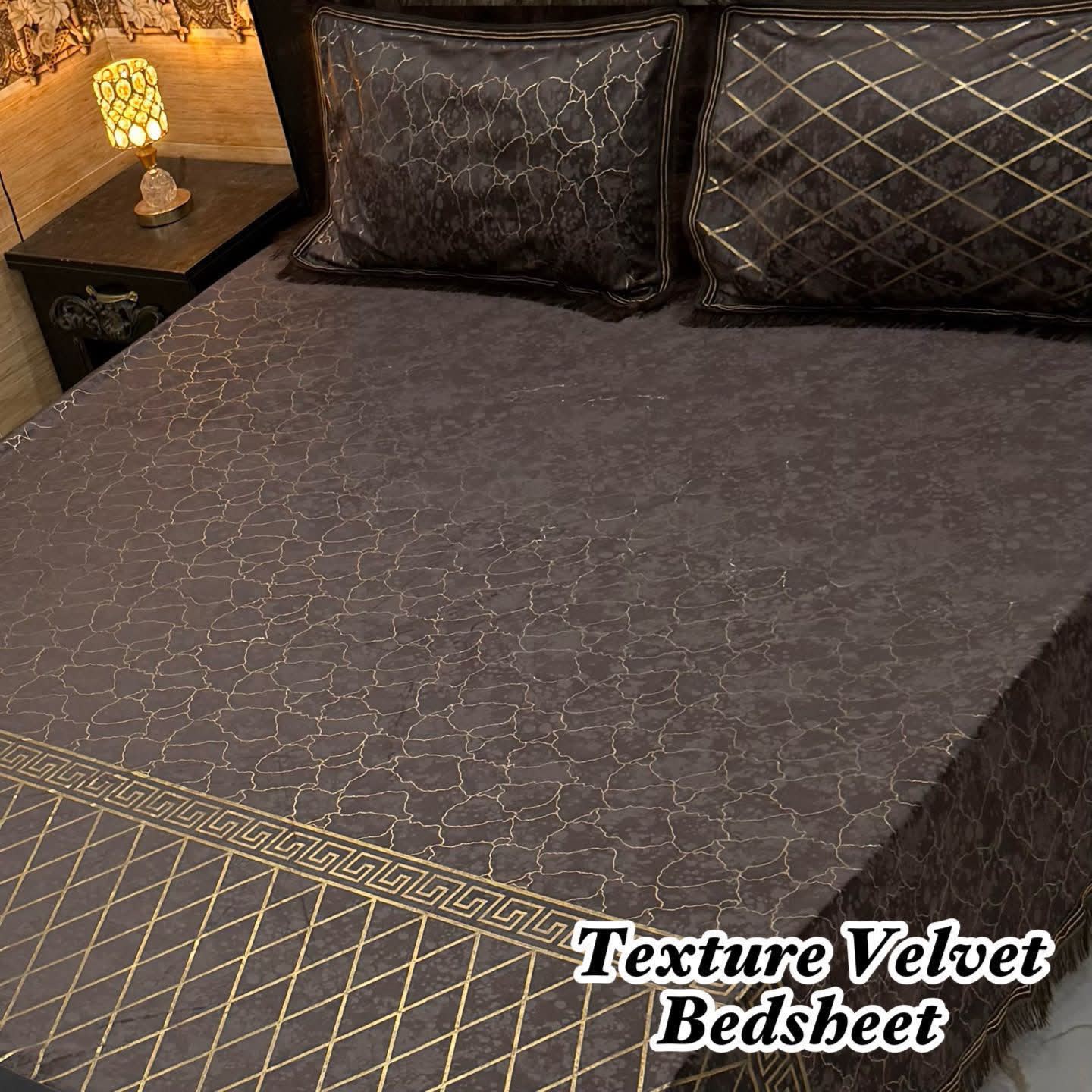 Luxury Texture Velvet Bedsheet Set – Elegant Black & Golden Premium Design