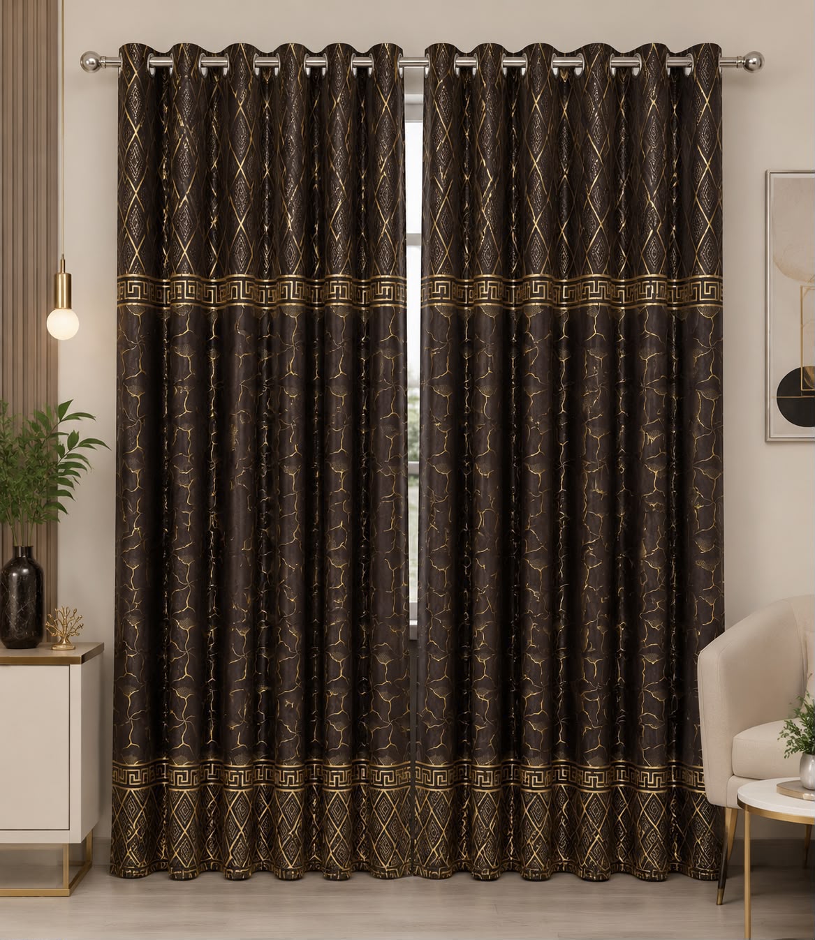 Luxury Black & Golden Velvet Curtains – Premium Jacquard Design with Elegant Border
