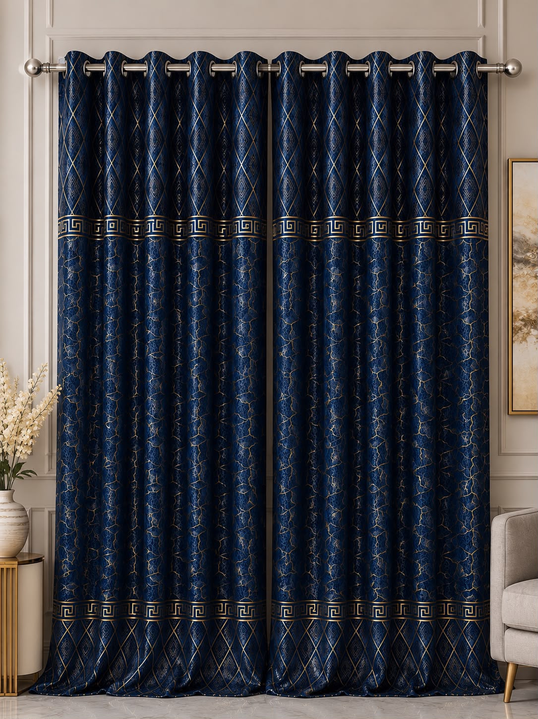 Luxury Black & Golden Velvet Curtains – Premium Jacquard Design with Elegant Border