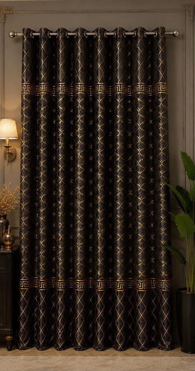 Luxury Black & Golden Velvet Curtains – Premium Jacquard Design with Elegant Border