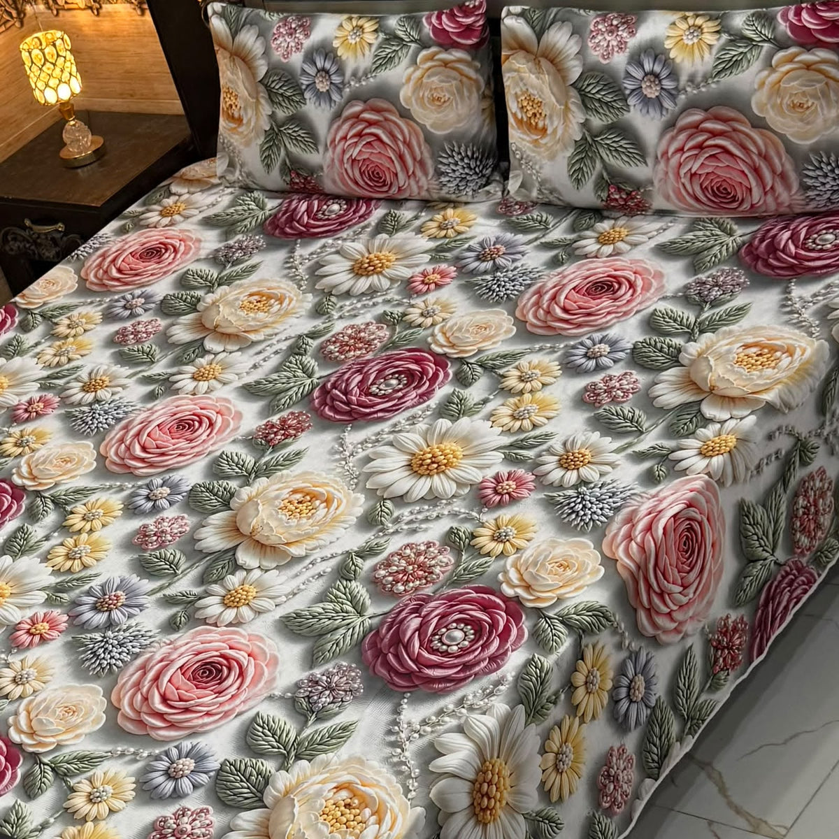 Luxury Floral Printed Bedsheet Set – Elegant 3D Rose & Daisy Design