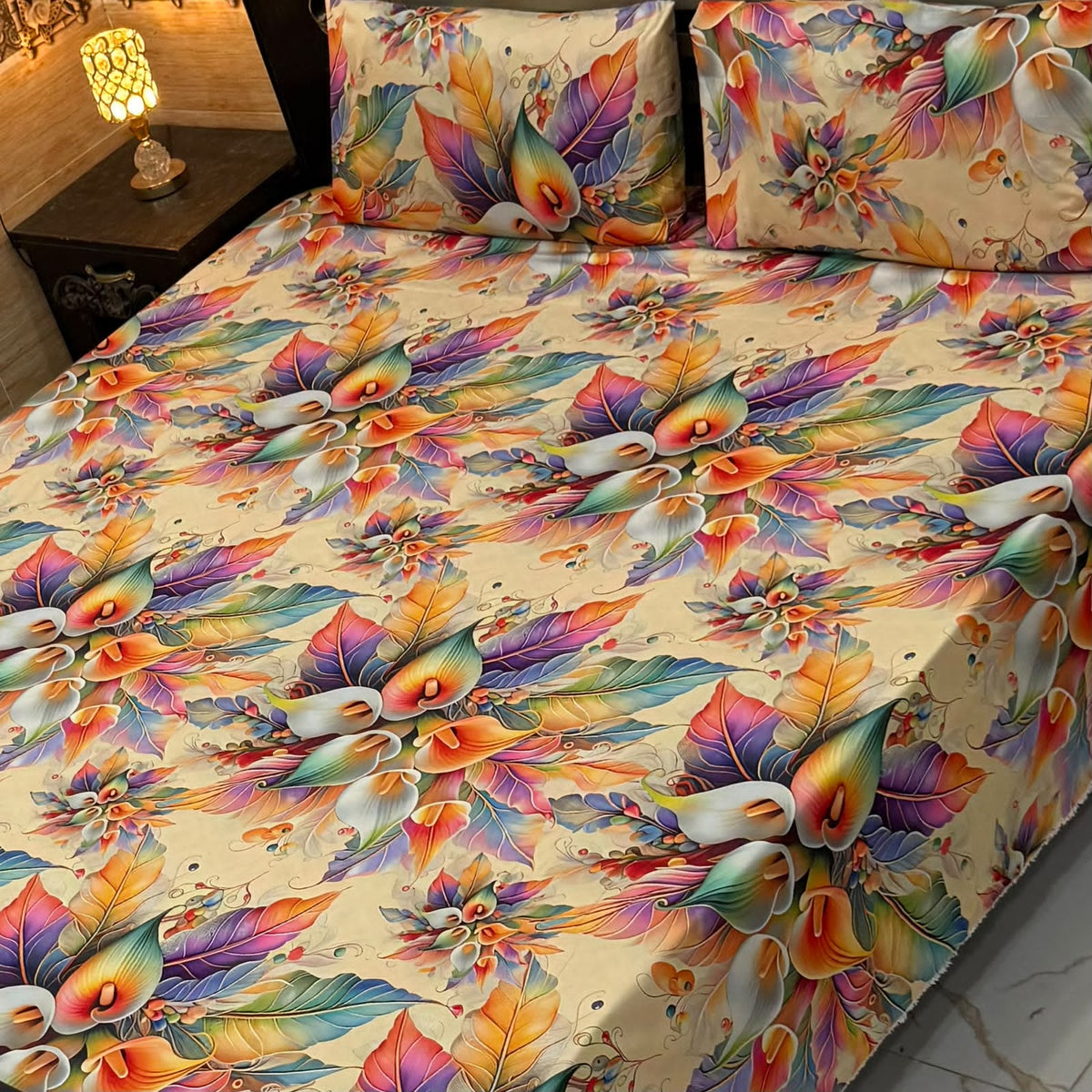Luxury Floral Printed Bedsheet Set – Elegant 3D Rose & Daisy Design