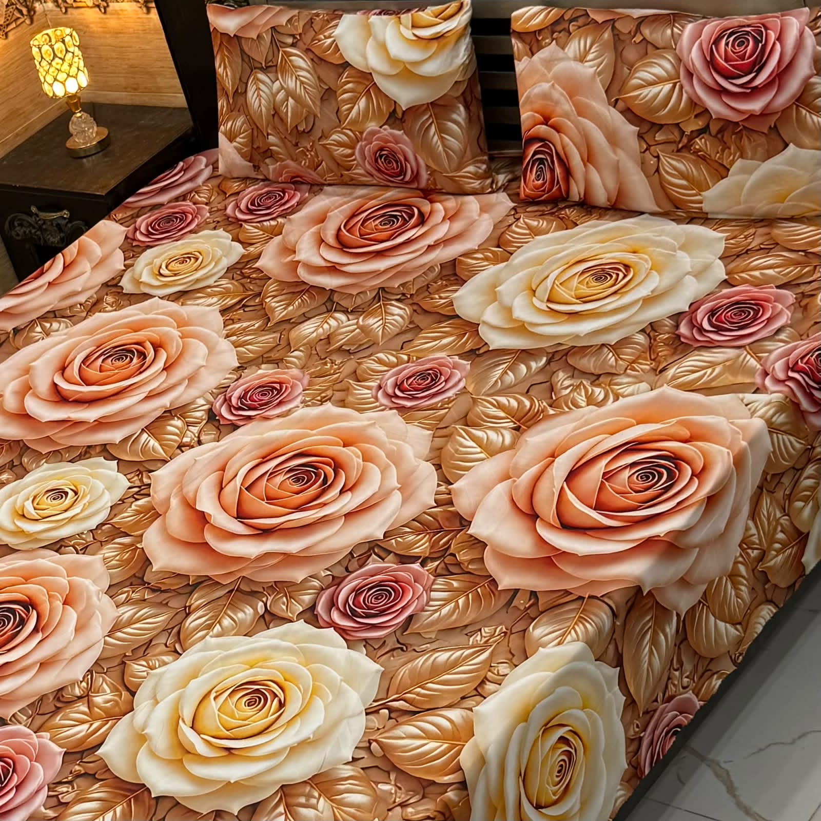 Luxury Floral Printed Bedsheet Set – Elegant 3D Rose & Daisy Design