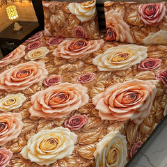 Luxury Floral Printed Bedsheet Set – Elegant 3D Rose & Daisy Design