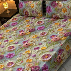 Luxury Floral Printed Bedsheet Set – Elegant 3D Rose & Daisy Design