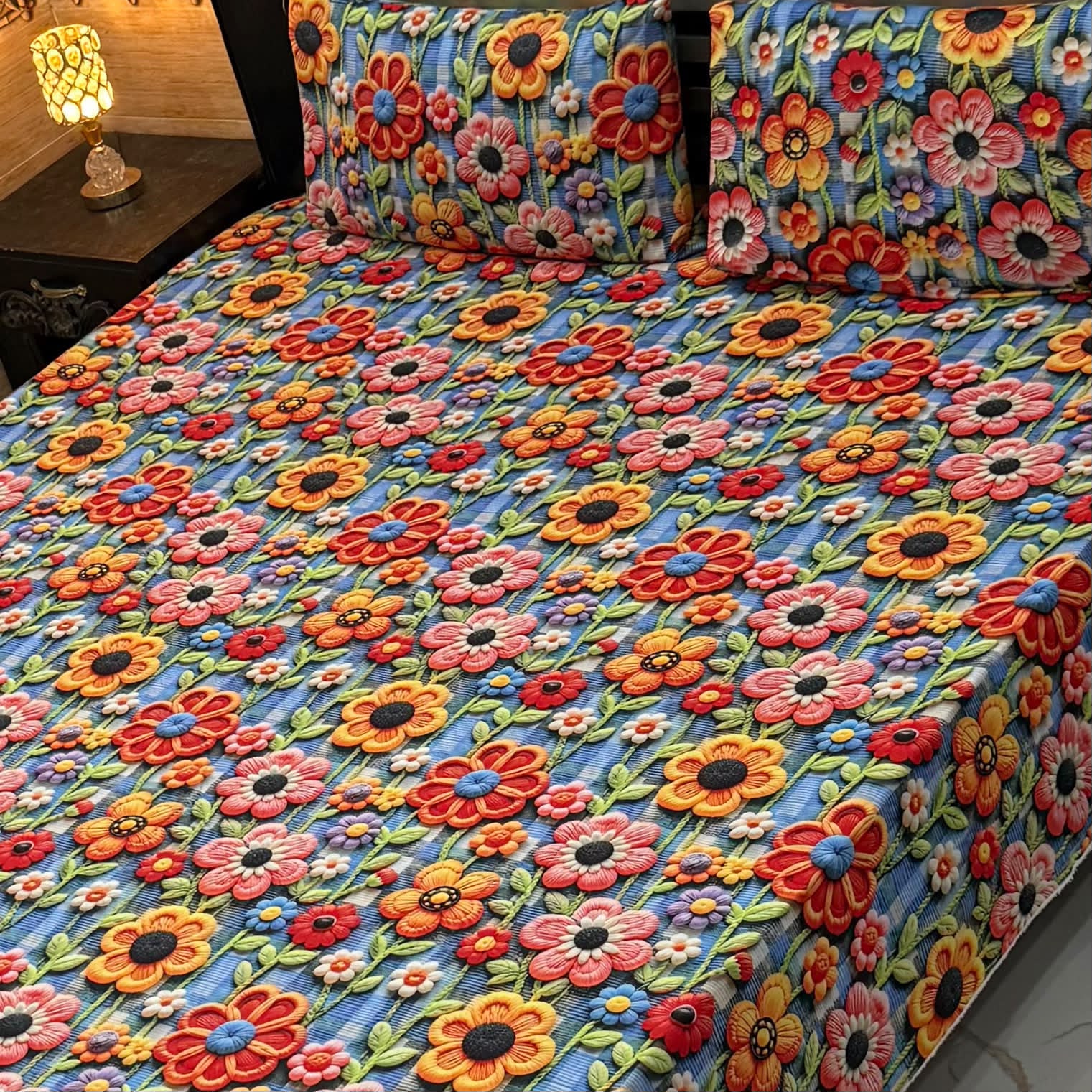 Luxury Floral Printed Bedsheet Set – Elegant 3D Rose & Daisy Design