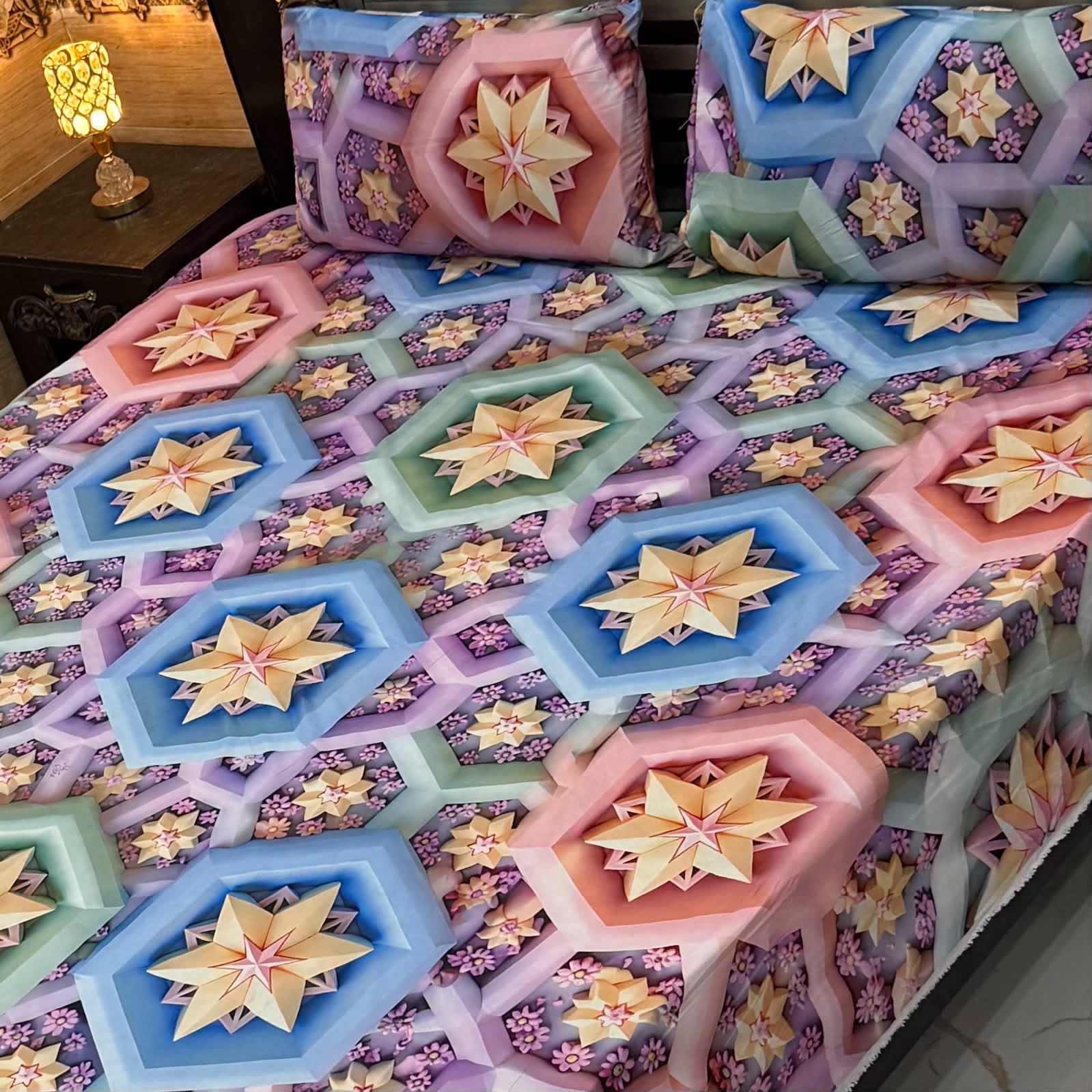 Luxury Floral Printed Bedsheet Set – Elegant 3D Rose & Daisy Design