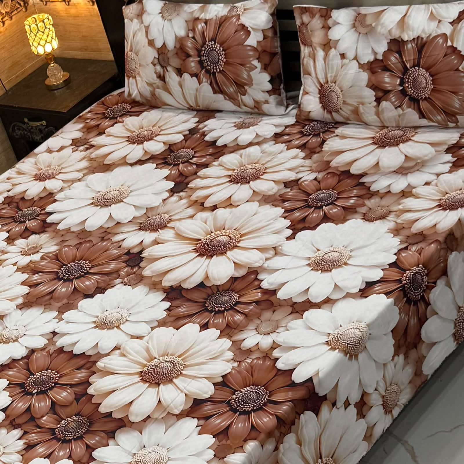 Luxury Floral Printed Bedsheet Set – Elegant 3D Rose & Daisy Design