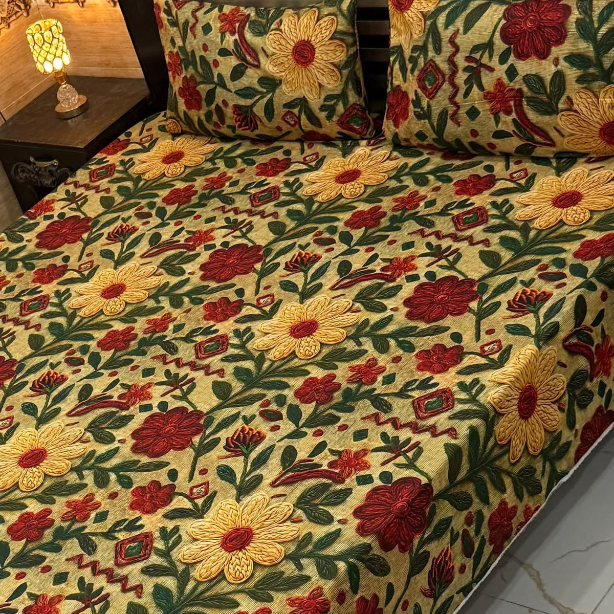 Luxury Floral Printed Bedsheet Set – Elegant 3D Rose & Daisy Design