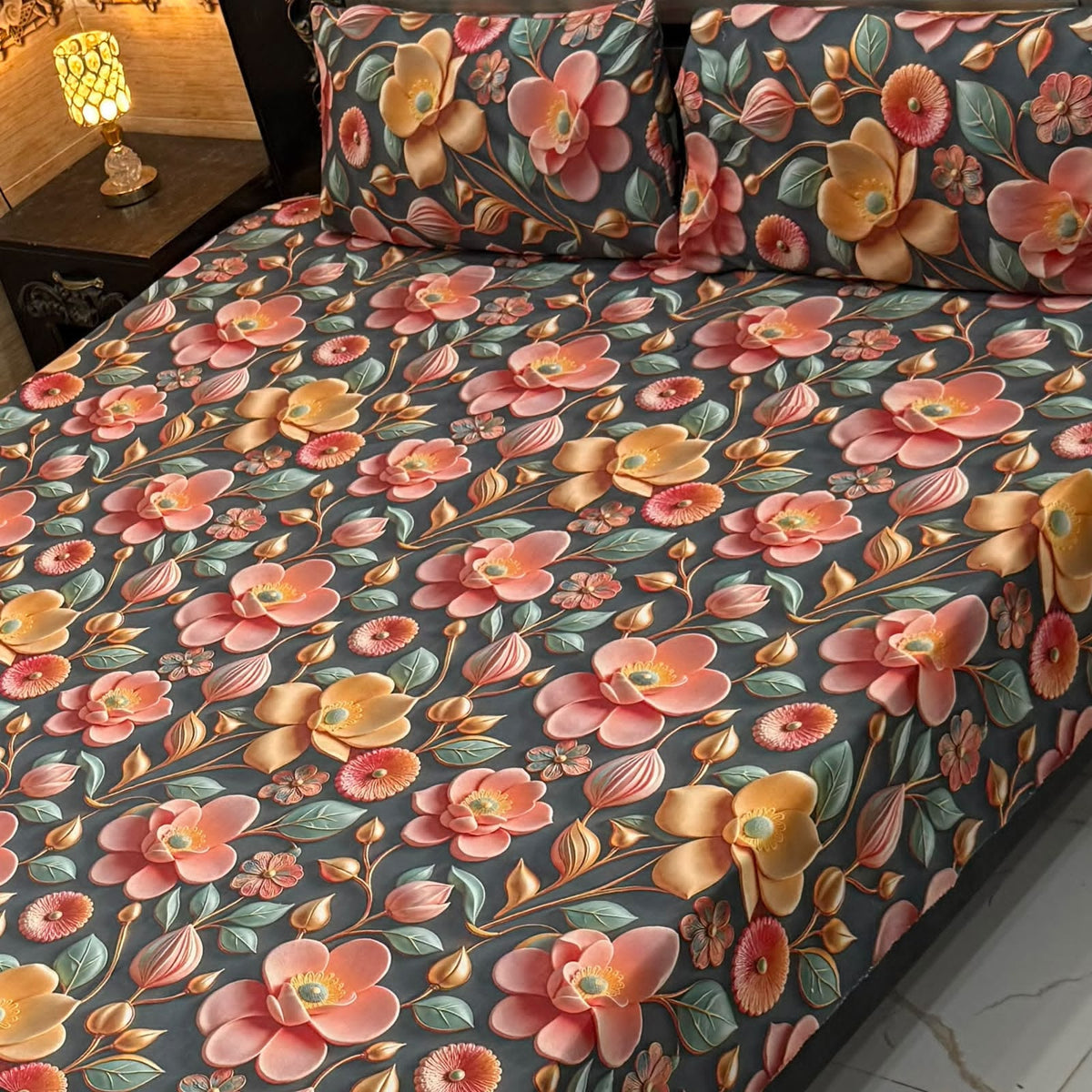 Luxury Floral Printed Bedsheet Set – Elegant 3D Rose & Daisy Design