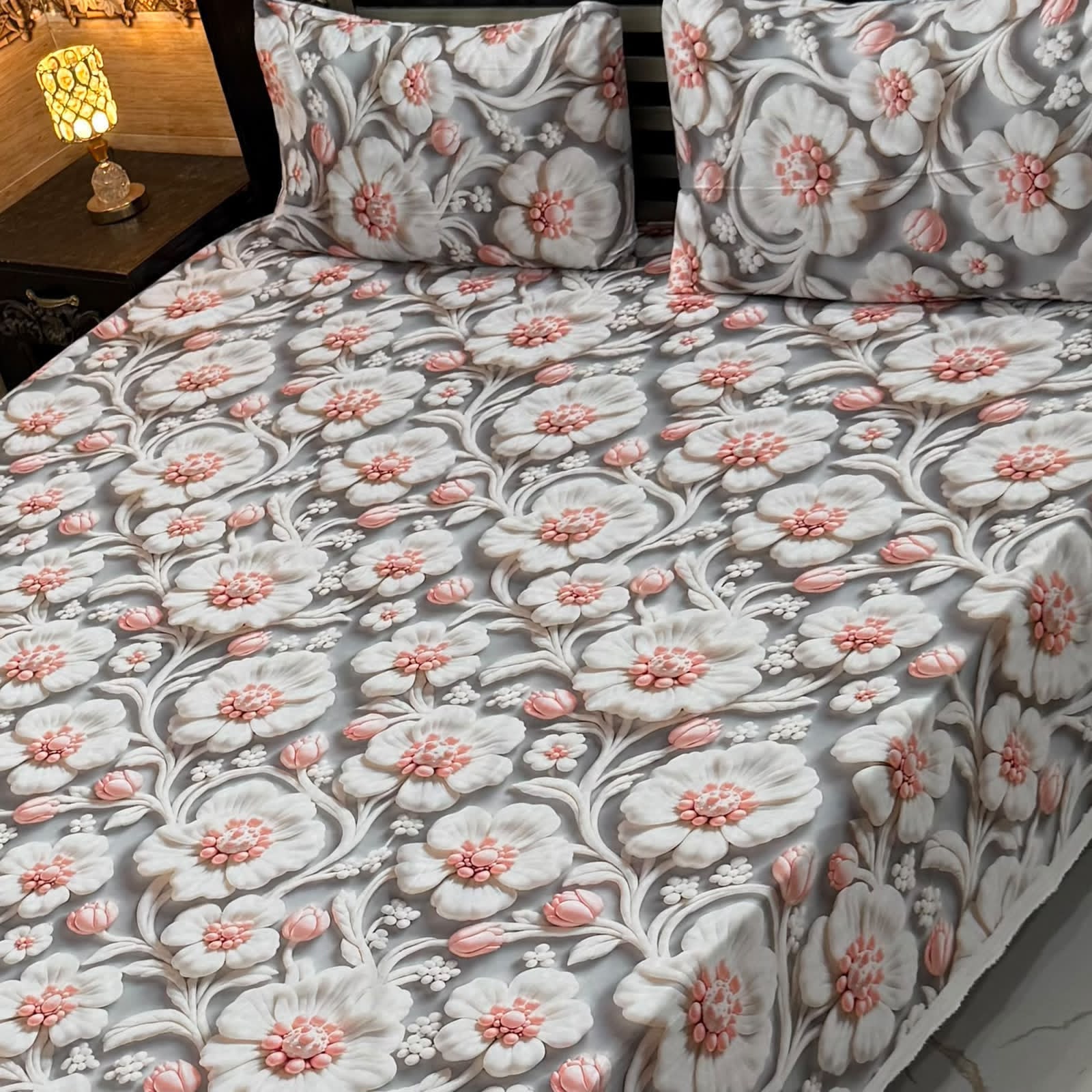Luxury Floral Printed Bedsheet Set – Elegant 3D Rose & Daisy Design