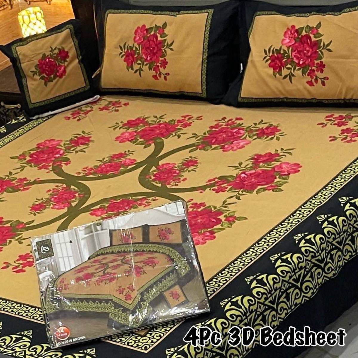Luxury 4-Piece 3D Floral Bedsheet Set – Elegant Rose Print with Premium Border