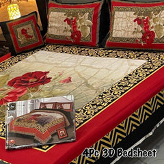 Luxury 4-Piece 3D Floral Bedsheet Set – Elegant Rose Print with Premium Border