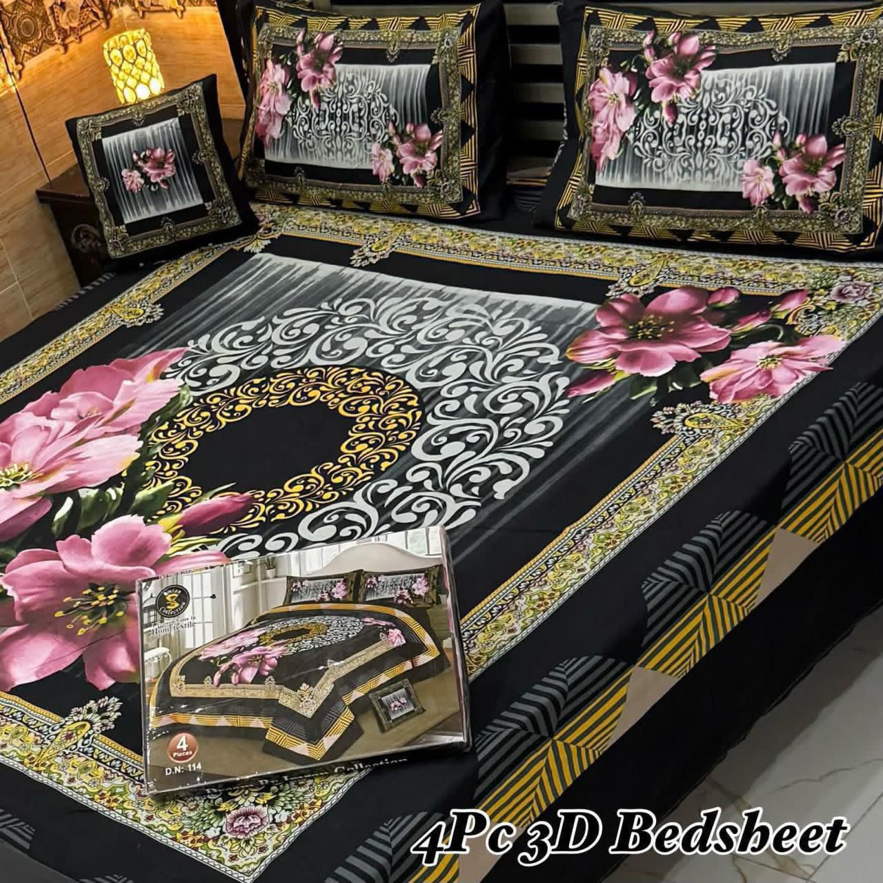 Luxury 4-Piece 3D Floral Bedsheet Set – Elegant Rose Print with Premium Border
