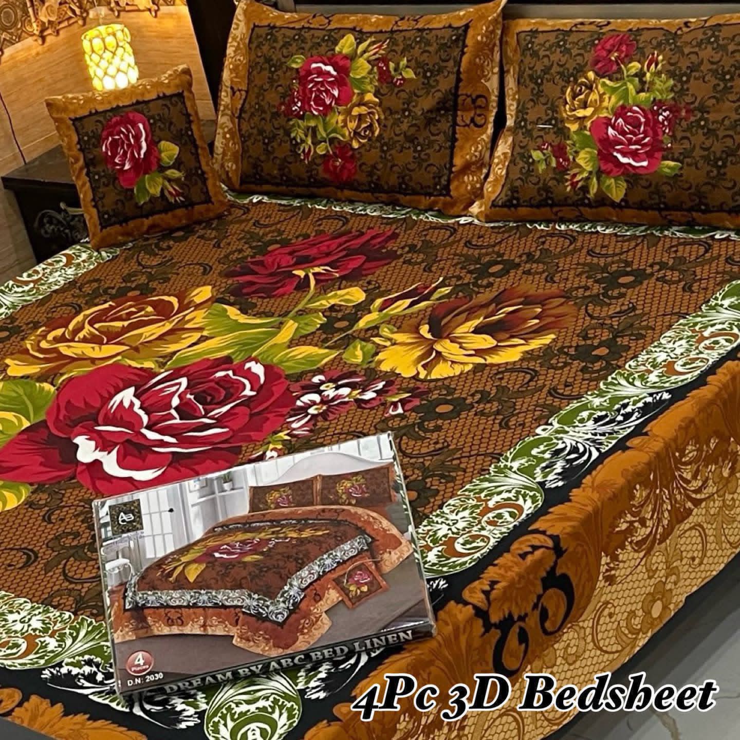Luxury 4-Piece 3D Floral Bedsheet Set – Elegant Rose Print with Premium Border