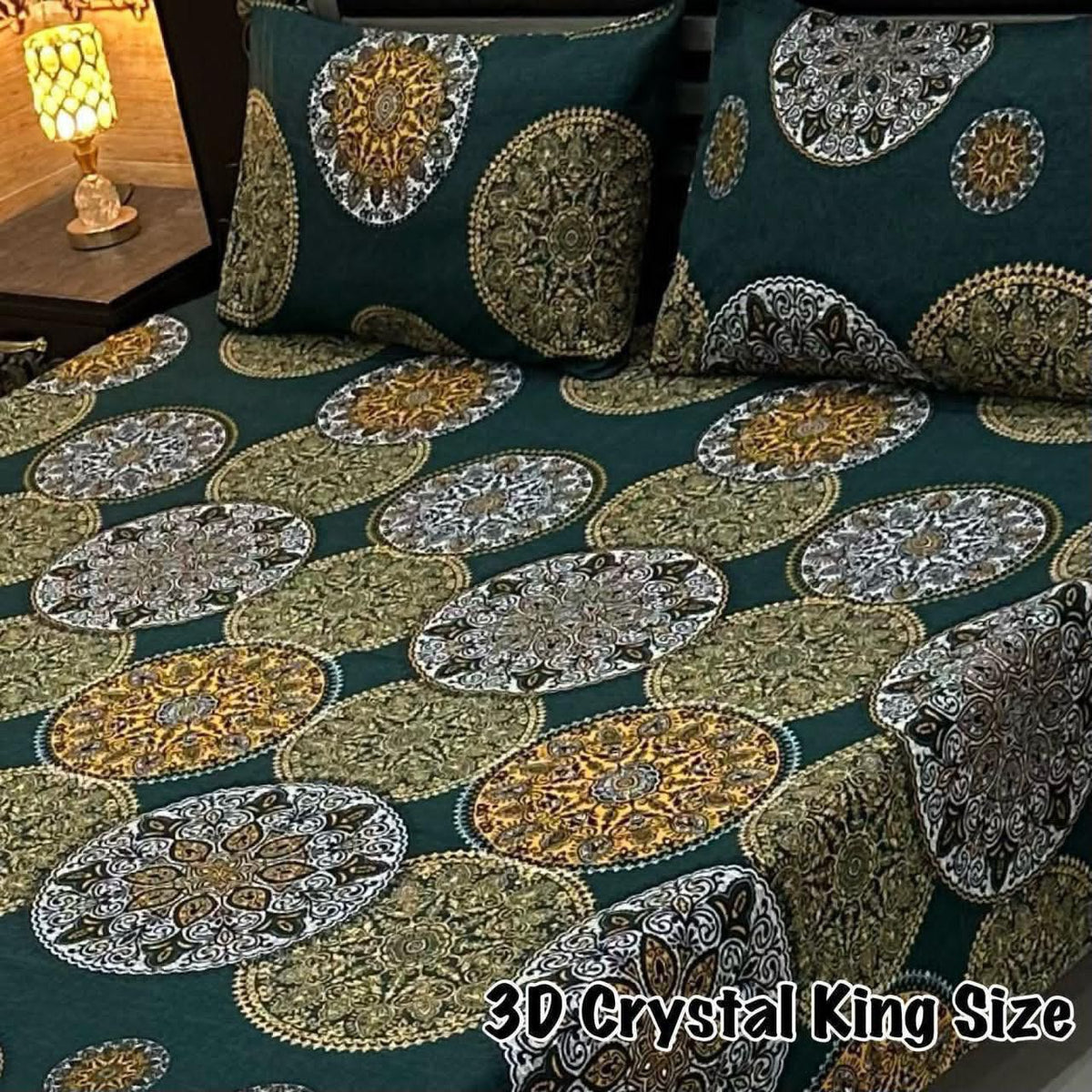 3D Crystal King Size Bedsheet Set – Luxury Medallion Print with Matching Pillow Covers