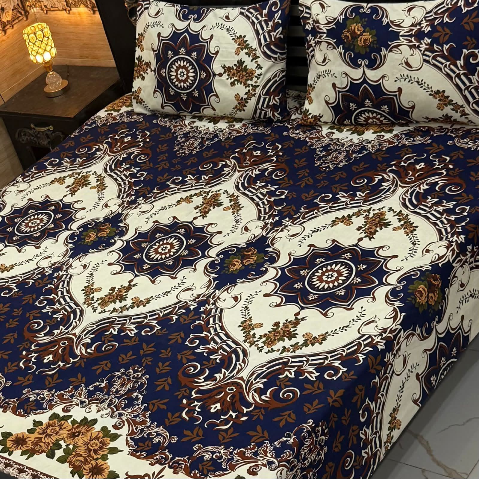 3D Crystal King Size Bedsheet Set – Luxury Medallion Print with Matching Pillow Covers