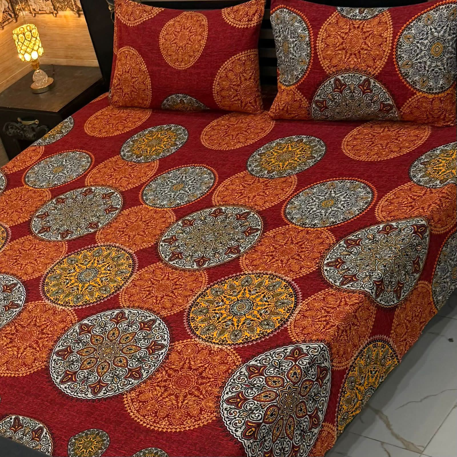 3D Crystal King Size Bedsheet Set – Luxury Medallion Print with Matching Pillow Covers