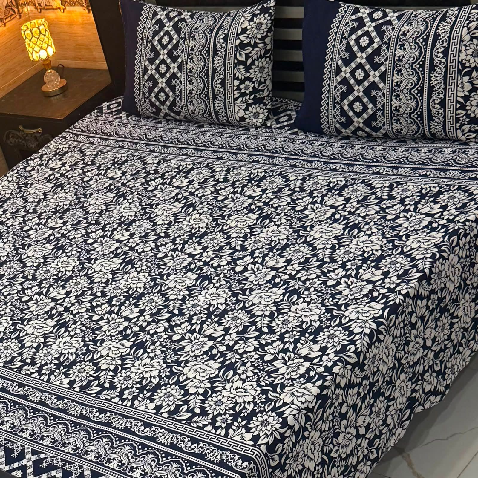 3D Crystal King Size Bedsheet Set – Luxury Medallion Print with Matching Pillow Covers