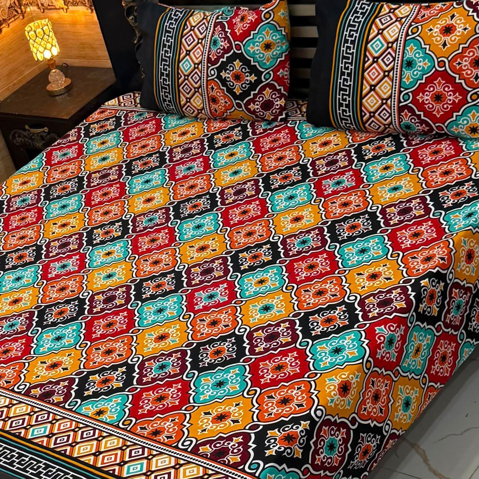 3D Crystal King Size Bedsheet Set – Luxury Medallion Print with Matching Pillow Covers