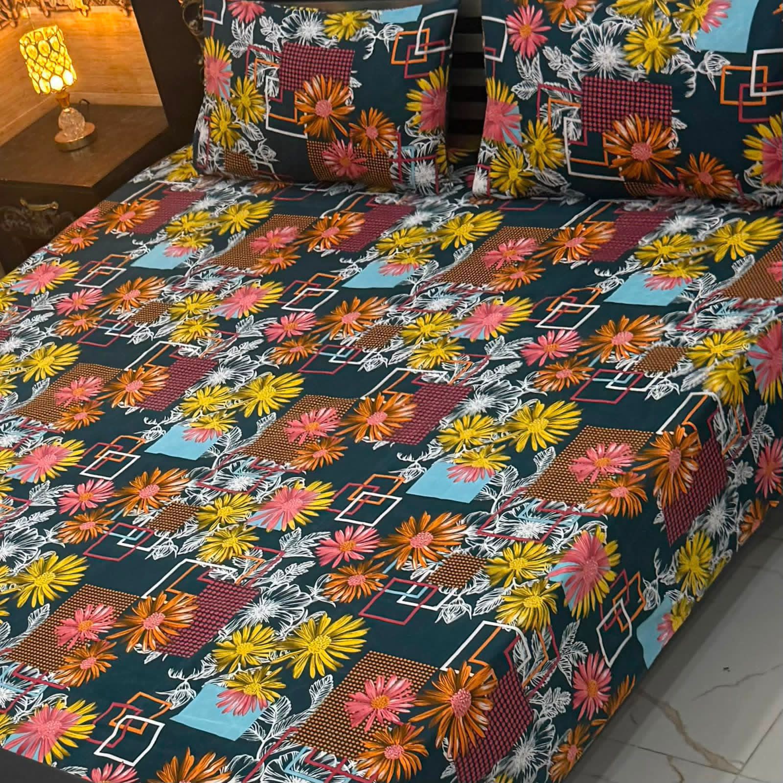 3D Crystal King Size Bedsheet Set – Luxury Medallion Print with Matching Pillow Covers