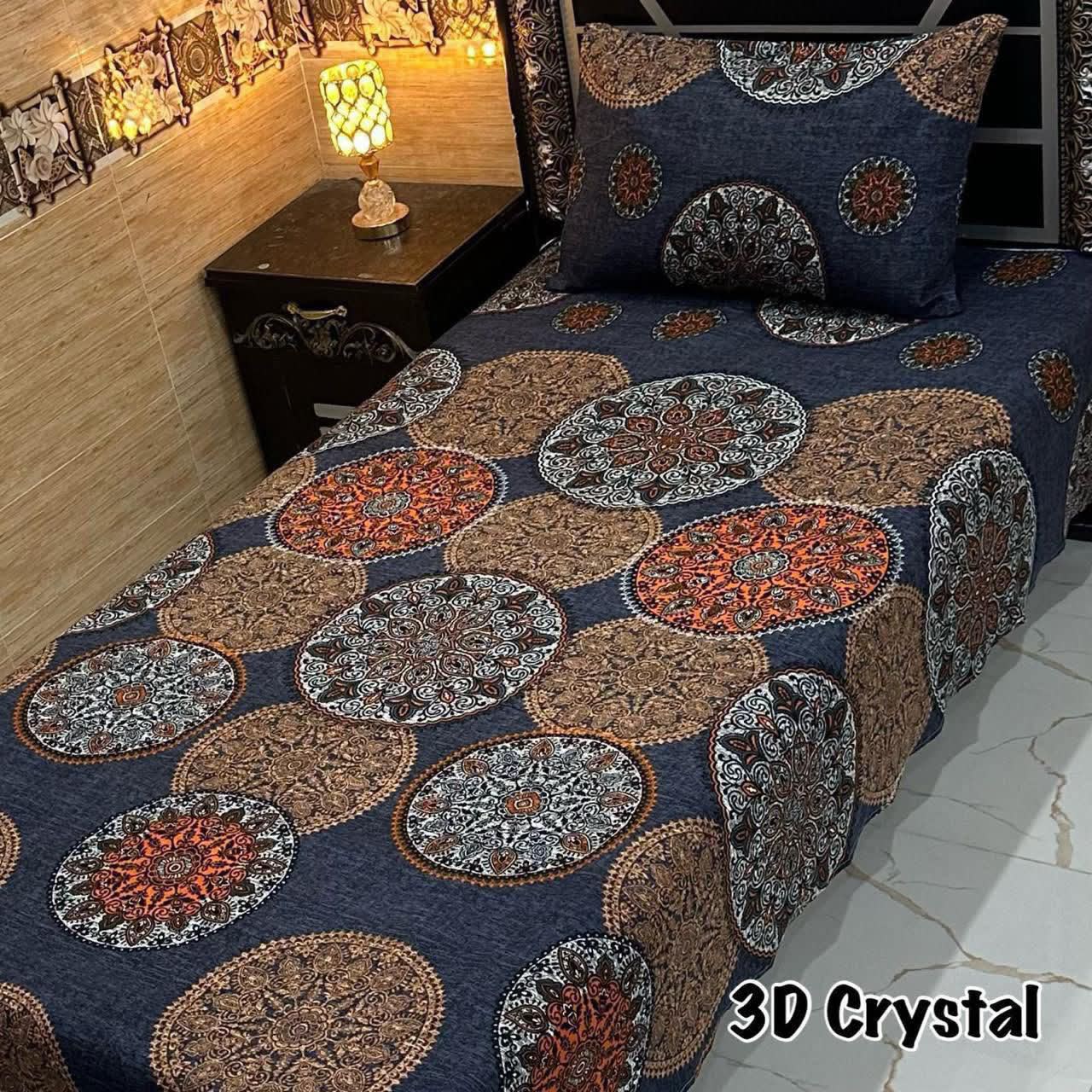 3D Crystal King Size Bedsheet Set – Luxury Medallion Print with Matching Pillow Covers
