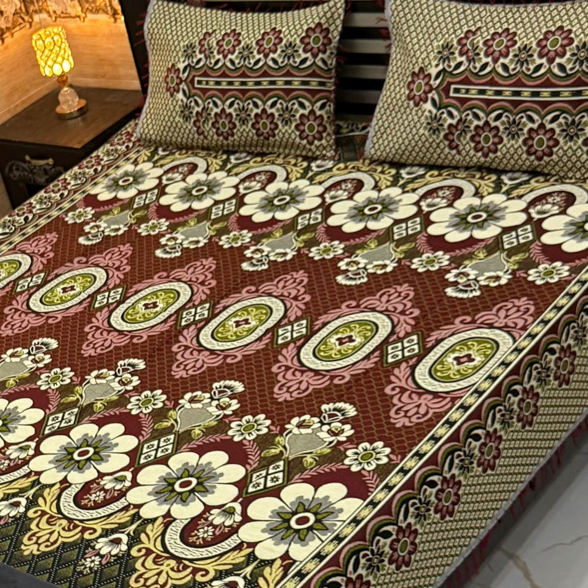Luxury Traditional Floral Bedsheet Set – Premium Printed Design with Matching Pillow Covers