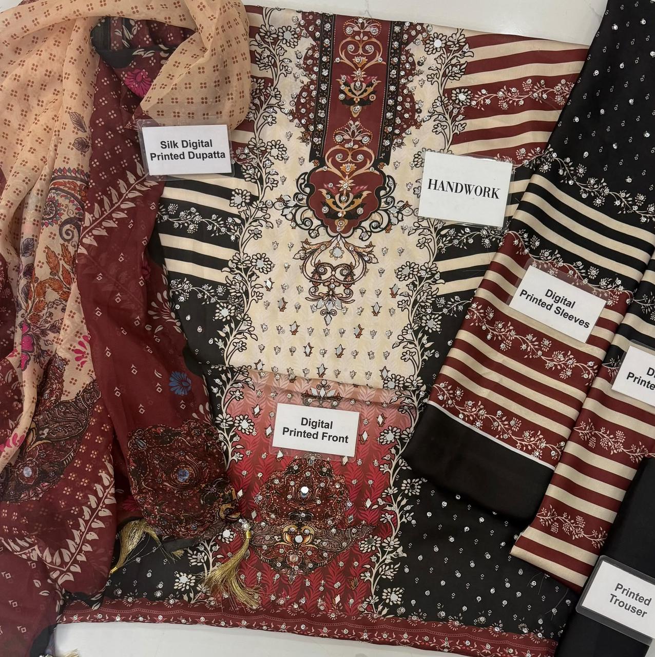 Luxury Shamoz Silk 3-Piece Unstitched Suit – Handwork & Digital Print Emb 2006