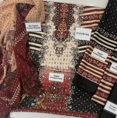Luxury Shamoz Silk 3-Piece Unstitched Suit – Handwork & Digital Print Emb 2006